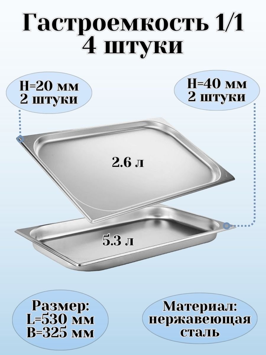 Гастроемкость (1/1) H=2 см, H=4 см L=53 см B=32,5 см ProHotel, 4 шт